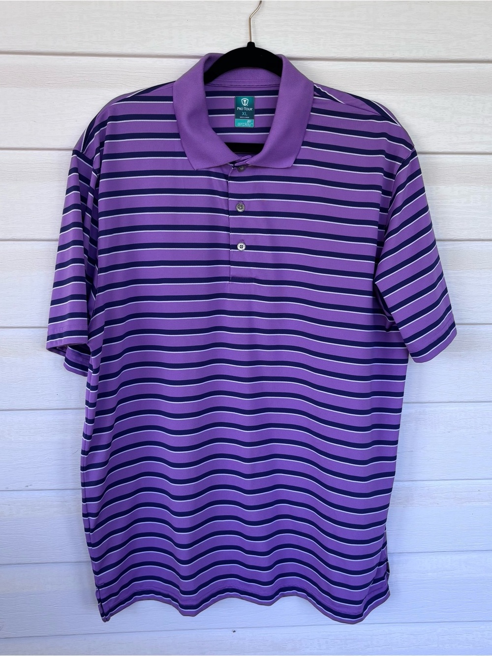 Pro Tour Men's Airplay Golf Polo Purple Navy Striped Performance Shirt Size XL